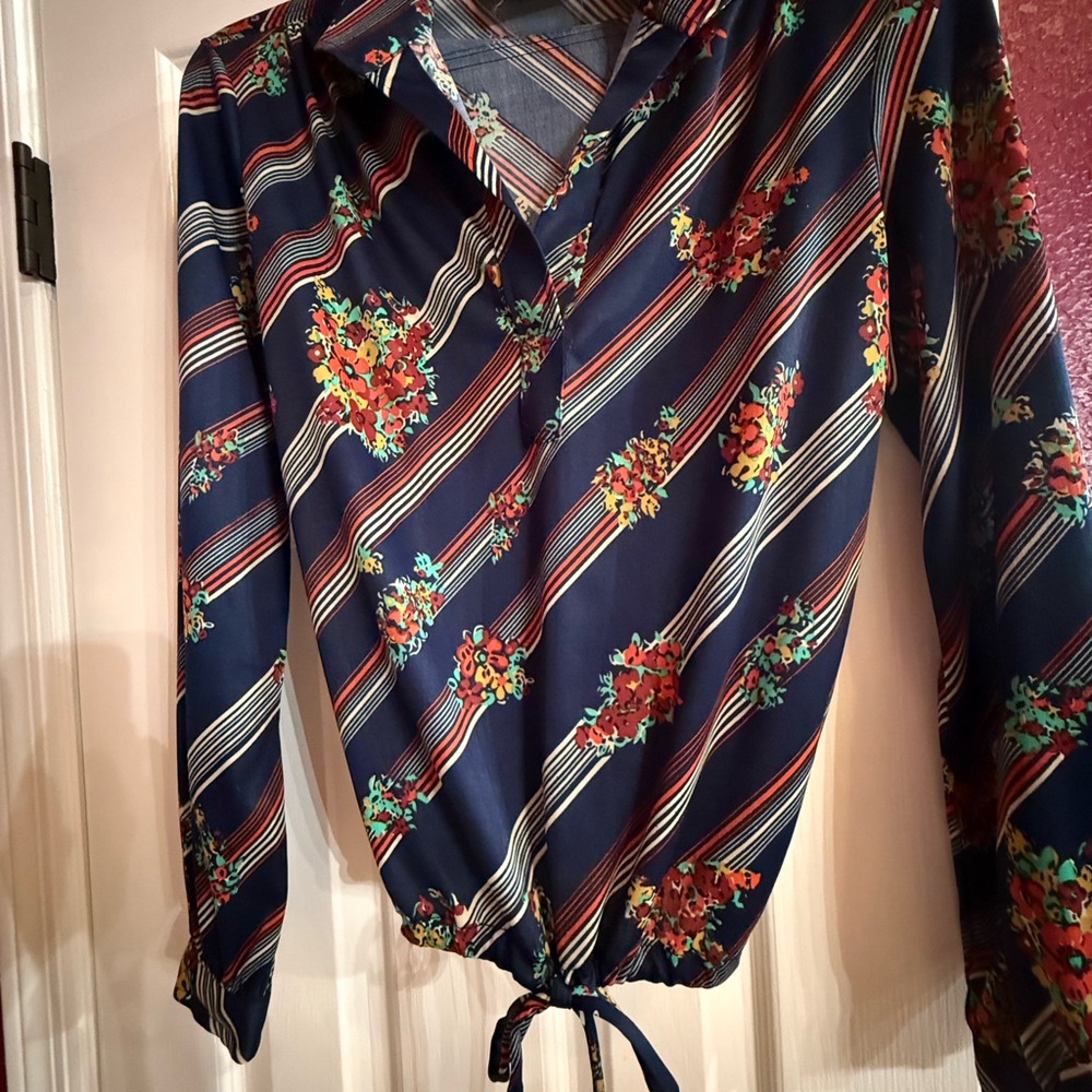 Floral Striped Navy Tie-front Blouse